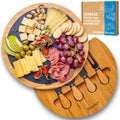 Round Bamboo Cheese Board with Knife Set and Removable Slate - 12 inch Swiveling Charcuterie Board-0