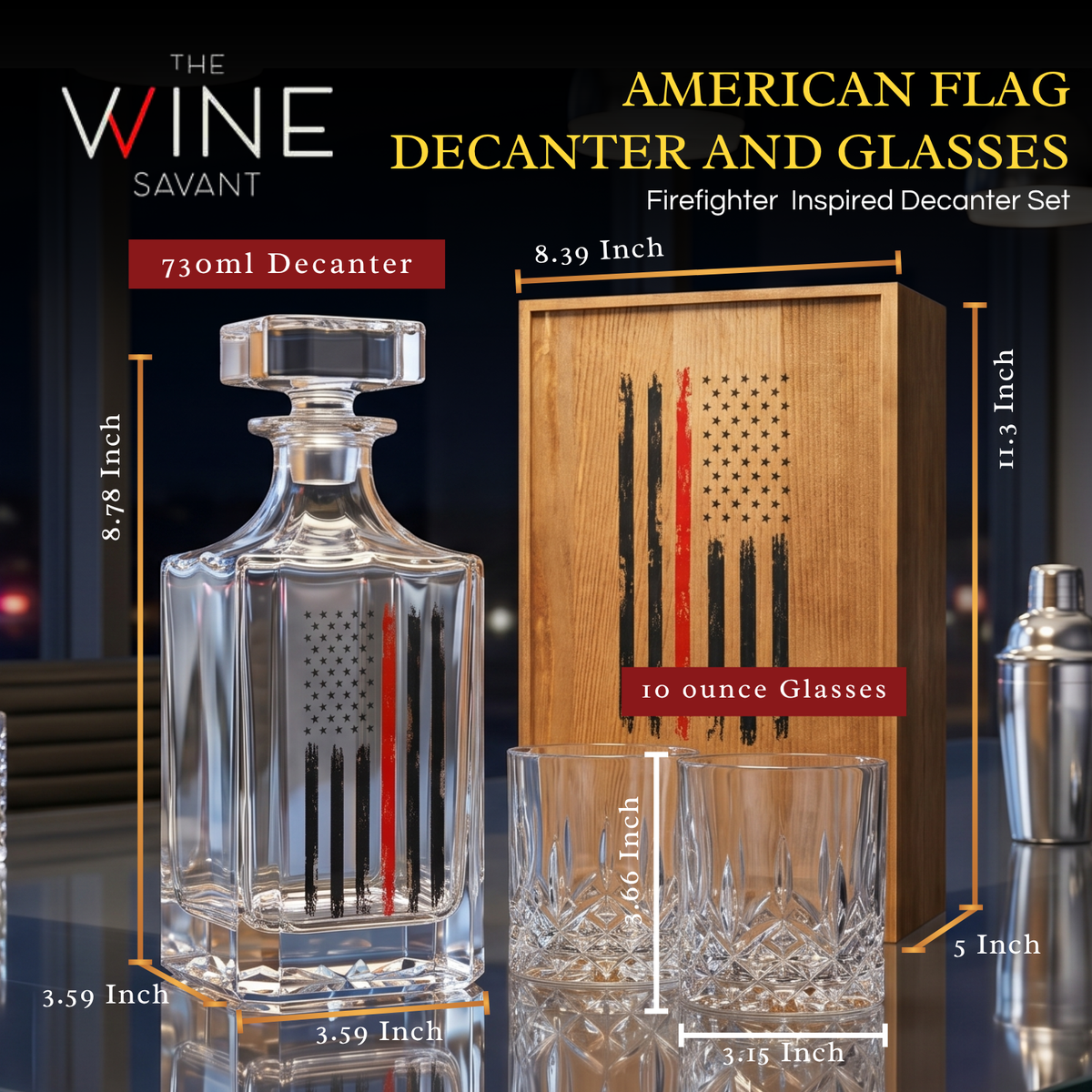 Firefighter Tactical Red Tattered American Flag Whiskey Decanter Gift Set 730ML Decanter 2 Whiskey G-1