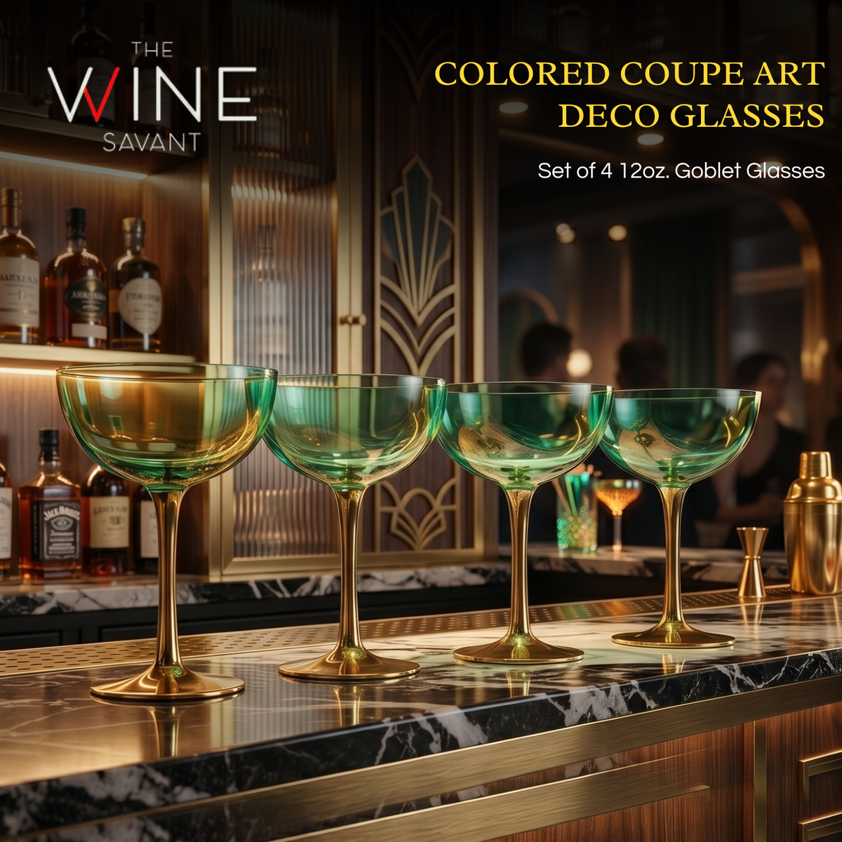 Colored Coupe Art Deco Glasses Gold Set Of 4 12 Oz Classic Cocktail Glassware For Champagne Martini-1