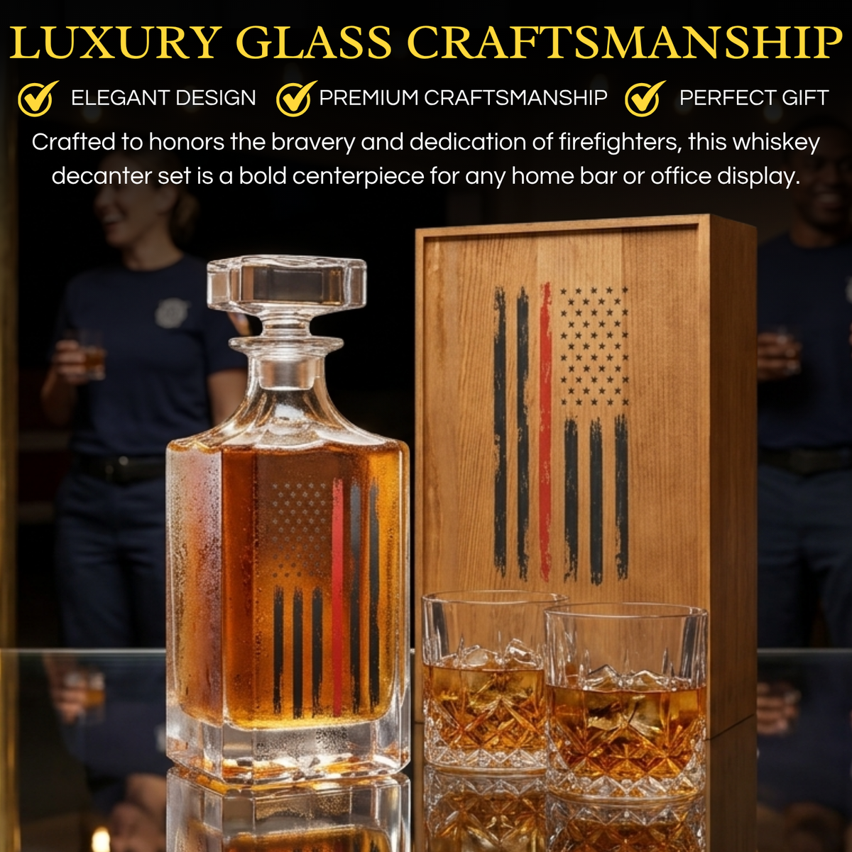 Firefighter Tactical Red Tattered American Flag Whiskey Decanter Gift Set 730ML Decanter 2 Whiskey G-2