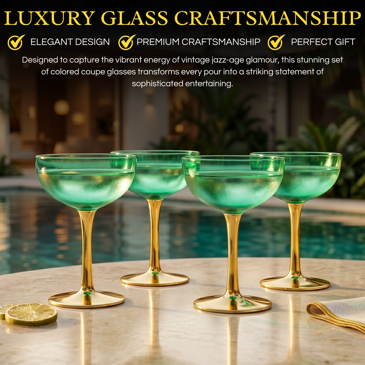Colored Coupe Art Deco Glasses Gold Set Of 4 12 Oz Classic Cocktail Glassware For Champagne Martini-2