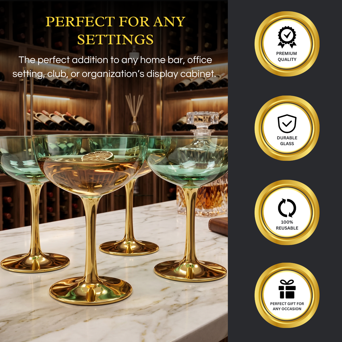 Colored Coupe Art Deco Glasses Gold Set Of 4 12 Oz Classic Cocktail Glassware For Champagne Martini-3