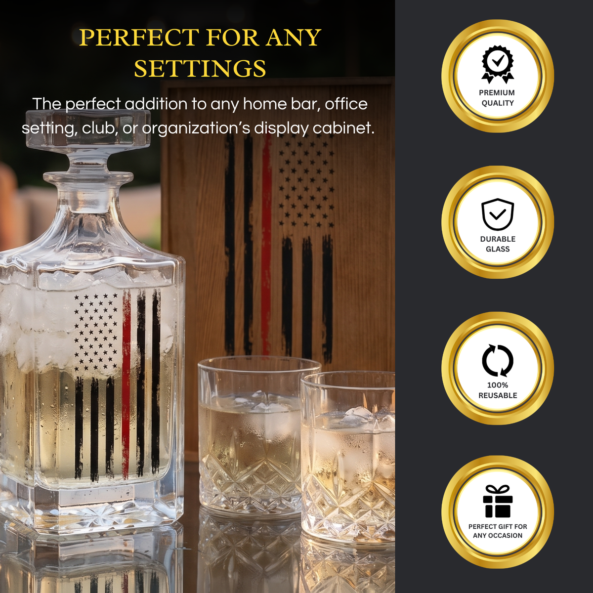 Firefighter Tactical Red Tattered American Flag Whiskey Decanter Gift Set 730ML Decanter 2 Whiskey G-3
