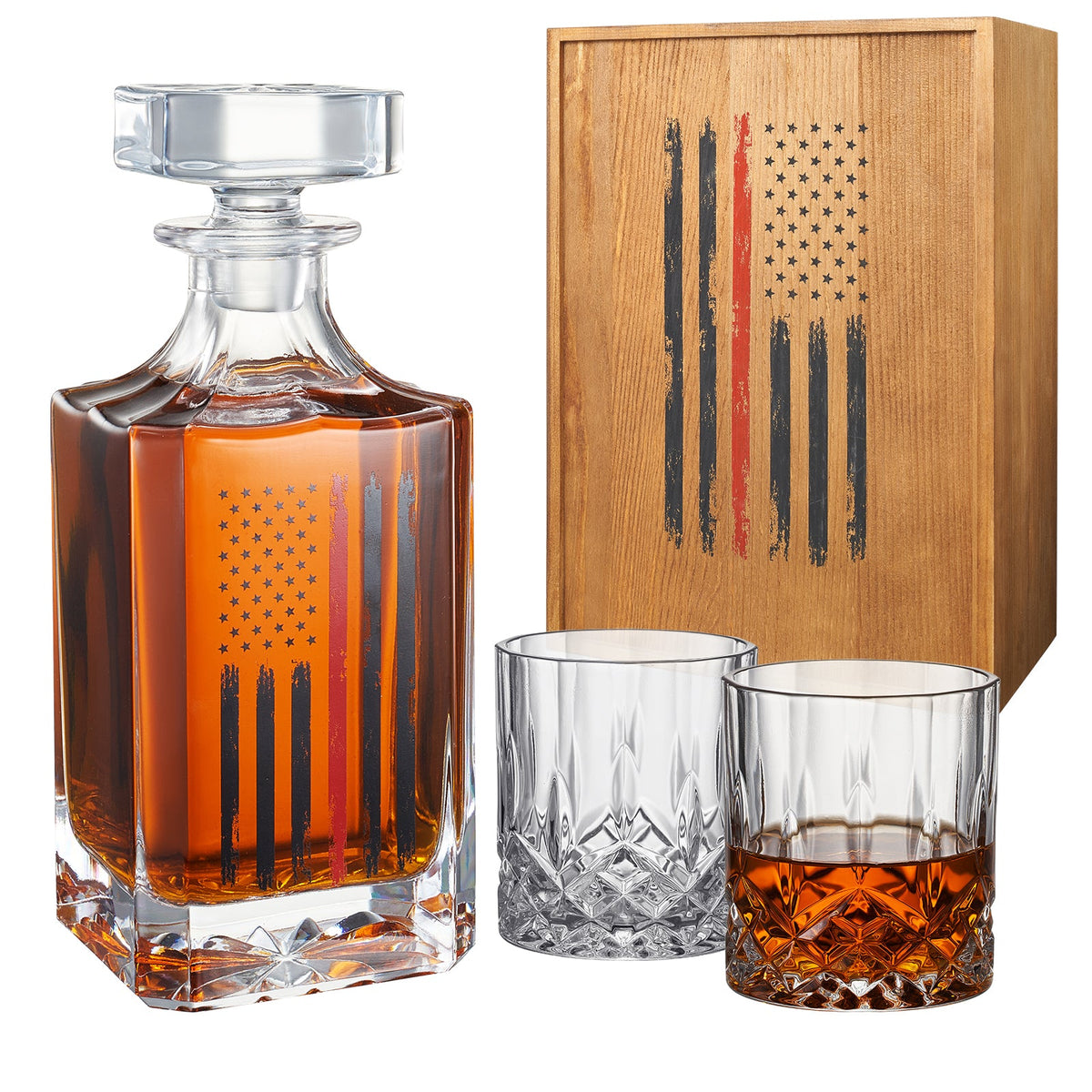 Firefighter Tactical Red Tattered American Flag Whiskey Decanter Gift Set 730ML Decanter 2 Whiskey G-0
