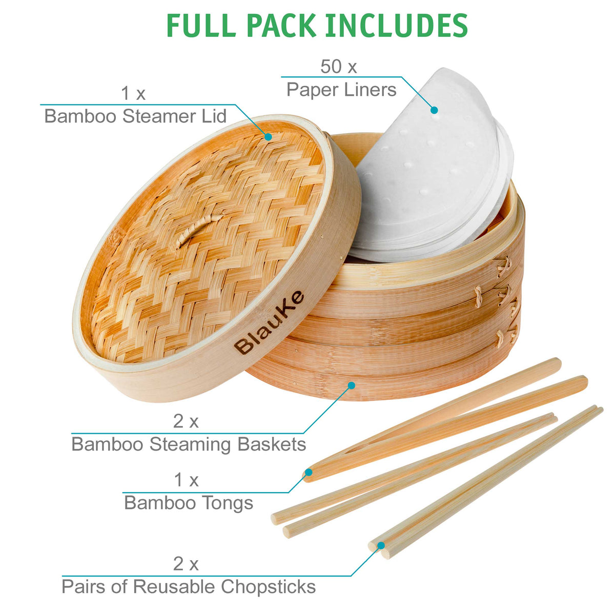 2-Tier Bamboo Steamer for Cooking Dumplings, Vegetables, Meat, Fish, Rice - Bamboo Steamer Basket 10 Inch with 2 Pairs Chopsticks, Tongs and 50 Paper Liners-3