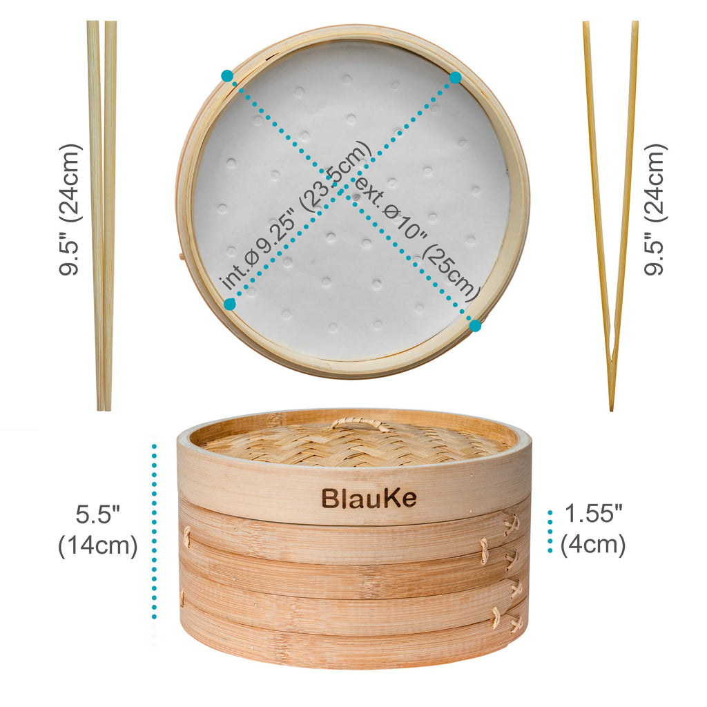 2-Tier Bamboo Steamer for Cooking Dumplings, Vegetables, Meat, Fish, Rice - Bamboo Steamer Basket 10 Inch with 2 Pairs Chopsticks, Tongs and 50 Paper Liners-4