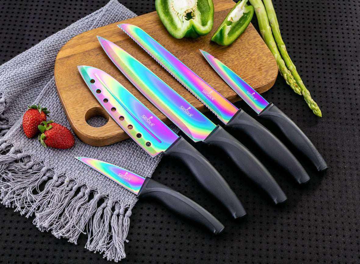 5-Piece Titanium-Coated Kitchen Knife Set with Magnetic Rack