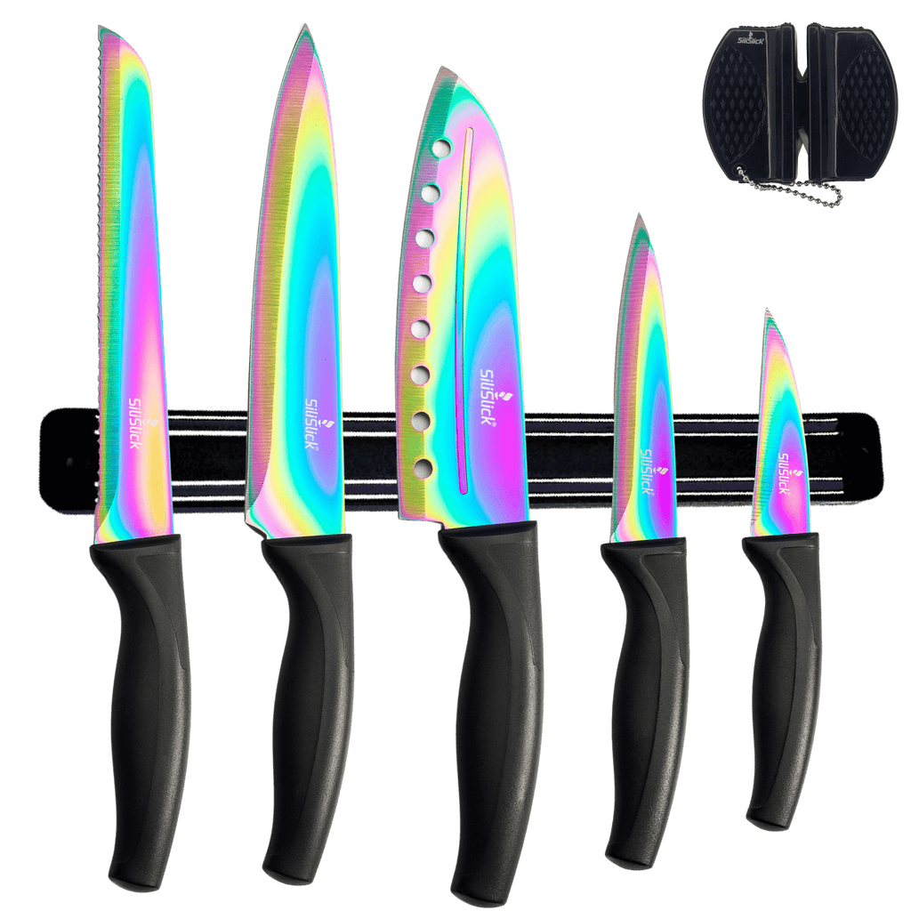 5-Piece Titanium-Coated Kitchen Knife Set with Magnetic Rack