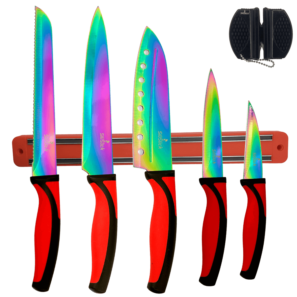Kitchen Knife Set Kit | Red Handles | Red Magnetic Rack & sharpener