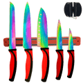Kitchen Knife Set Kit | Red Handles | Red Magnetic Rack & sharpener