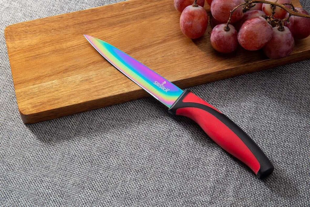Steak Knife Set 4 Rainbow Titanium Coated Blades & Red Handles