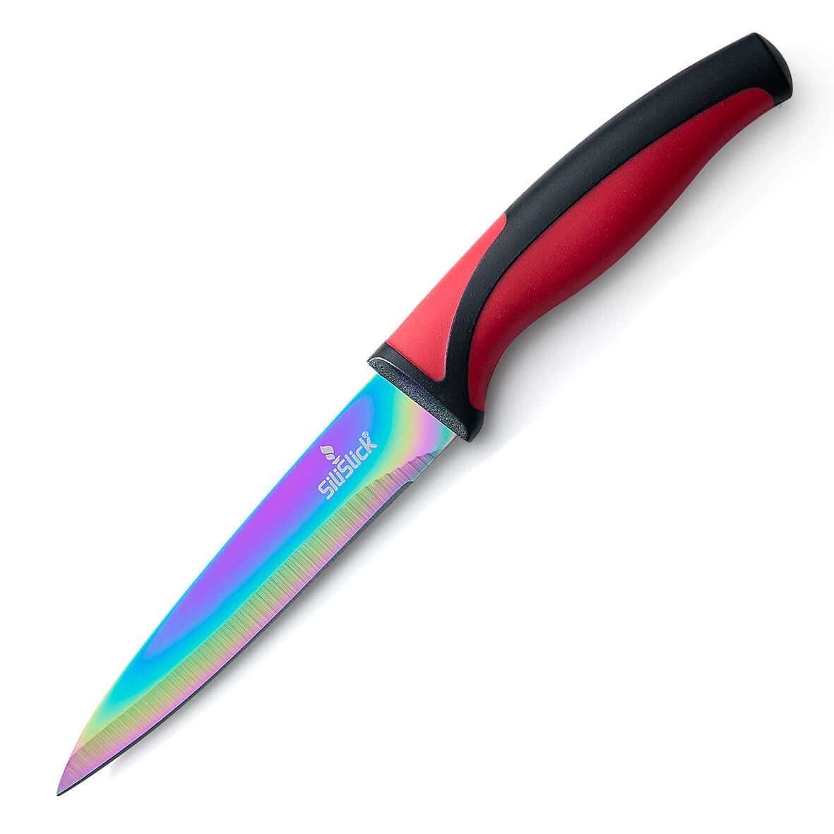 Steak Knife Set 4 Rainbow Titanium Coated Blades & Red Handles