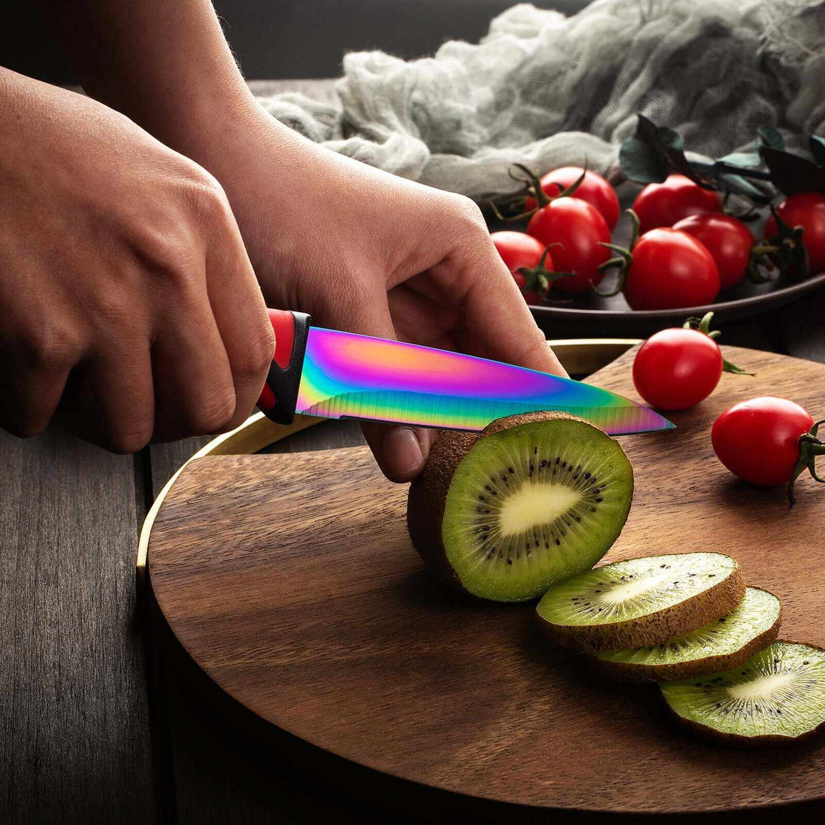 Steak Knife Set 4 Rainbow Titanium Coated Blades & Red Handles