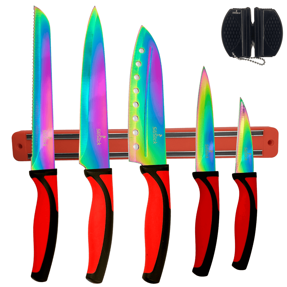 Kitchen Knife Set Kit | Red Handles | Red Magnetic Rack & sharpener-0