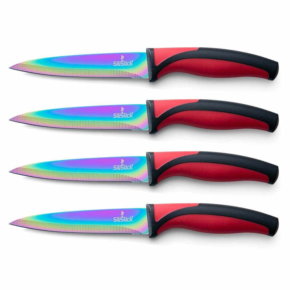 Steak Knife Set 4 Rainbow Titanium Coated Blades & Red Handles-0