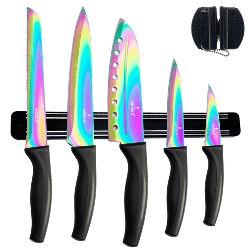 5-Piece Titanium-Coated Kitchen Knife Set with Magnetic Rack-0